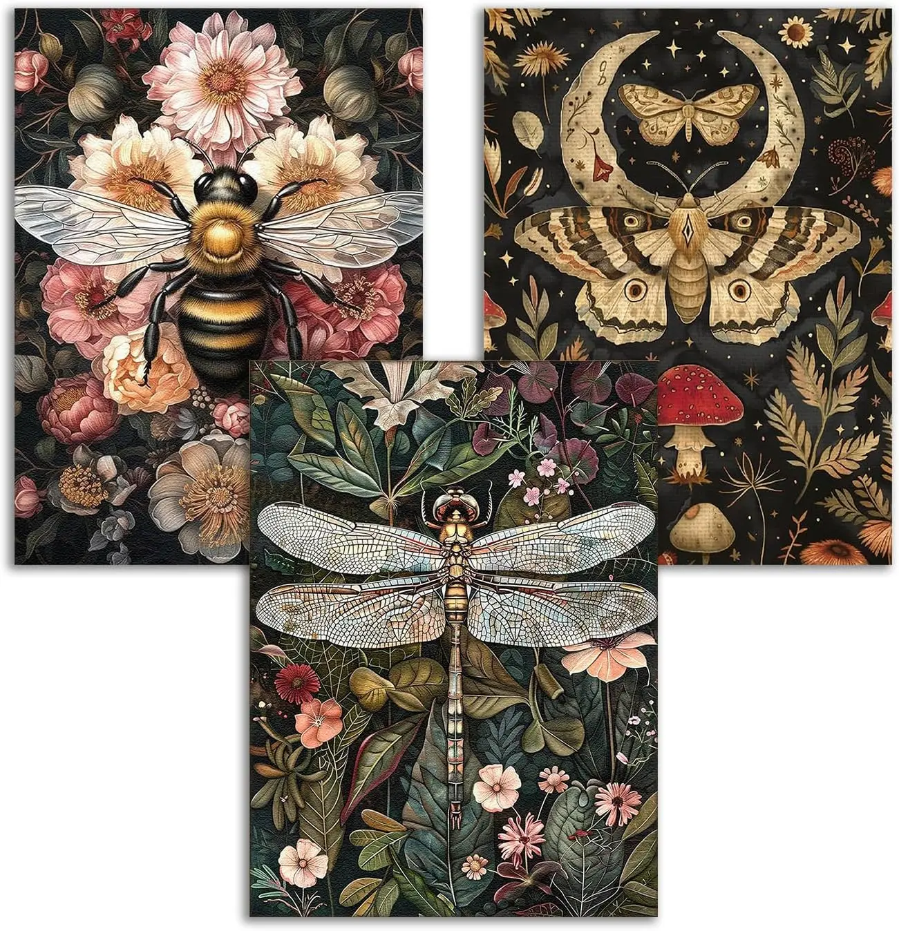 Diamond Art Kits Vintage Dragonflies Moths Bees Diamond Painting Set Round 5D Full Diamond Dot Crafts Home Wall Decoration Gift 12x16 In 3/4/6PCS