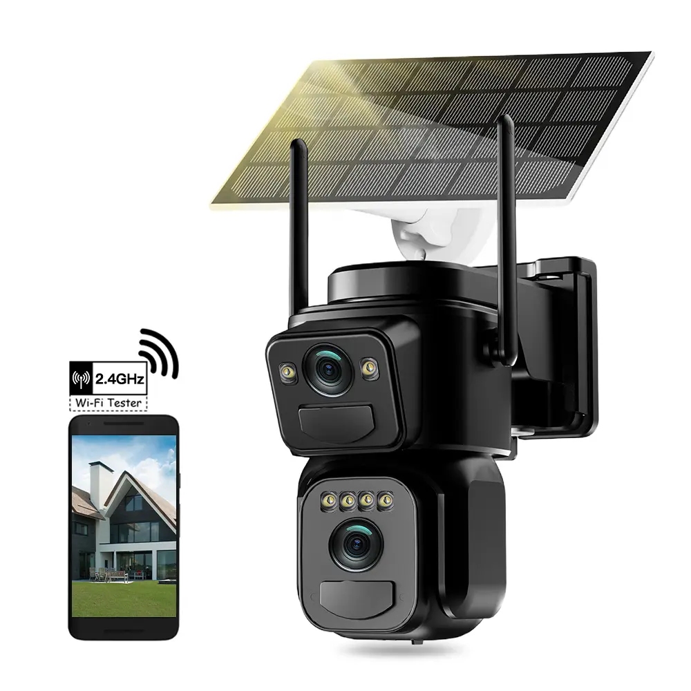 2K Wireless Dual-Lens WiFi Solar-Powered Outdoor Security Camera - Low-Power, Color Night Vision, 360° Pan-Tilt Dual-View, 2-Way Audio, Motion Detection, IP66 Waterproof Rating, Suitable for Outdoor Use