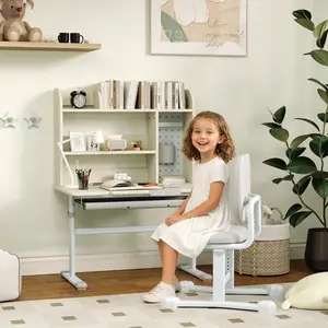 【US-based sellers】Kids Study Desk and Chair Set with Adjustable Height, Tiltable Desktop, Hutch and Drawer for Ages 3-12, Gray