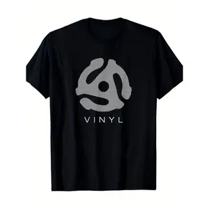 [Vinyl Record T-Shirt] Unisex 100% Cotton Vinyl Record Player Graphic T-Shirt |     Machine Washable, Black Tee With White Abstract Design, Perfect Gift For Men, Women, Mom, Dad & Friends Fitted Crewneck