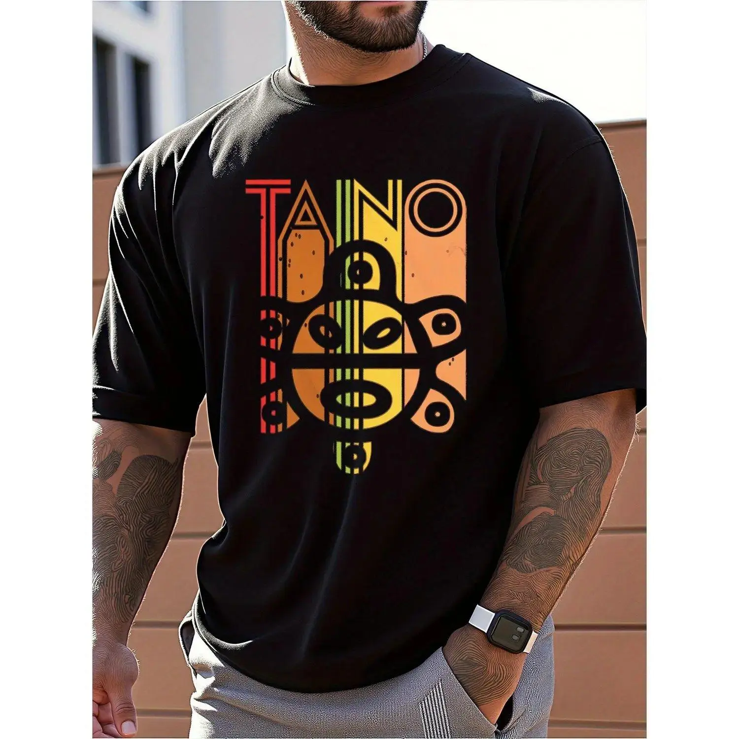 Men’s Short Sleeve T Shirts Totem Print Breathable Regular Fit Casual Tee with Vibrant Tribal Design for Summer Travel and Daily Leisure Summer Outfit Cultural Style Soft Texture Print Shirt Summer Wardrobe
