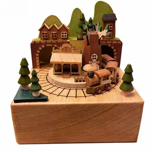 Wooden Music Box ,Country Series Train Dream Fairy Tale Town Music Box, Birthday Gift Healing Style Gift Box,Christmas Gift