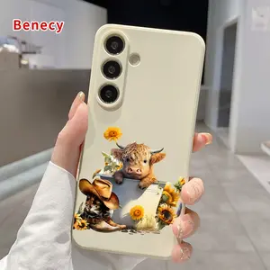 Sunflower - Cow - Boots Pattern Straight Edge Phone Case Compatible with SAMSUNG Galaxy S26 Ultra S24 S23 Plus S25 S22+ Shockproof Non Slip Military-Grade Protection Liquid Silicone Cover Smartphone Casing