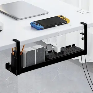 Wireless Metal Mesh Cable Management Tray, Clamp-Installed Under Desk Organizer, Desk Tidy, 3-Hole Design for Home Office Standing Desks