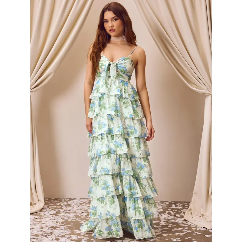 knee length dresses for ladies Quarter Sleeved Brushed Layered Ruffle Hem Dress