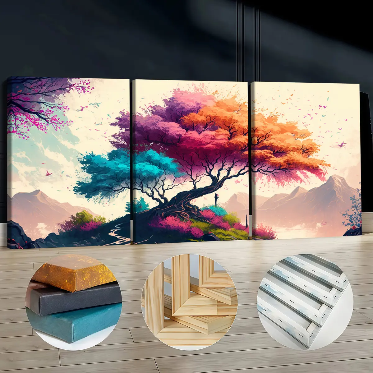 3Pcs Wooden-Framed Canvas Print Painting Set - Colorful Style Fantasy Tree & Mountain Landscape Artwork, Odorless Exquisite Home Decoration for Living Room Decor, Bedroom