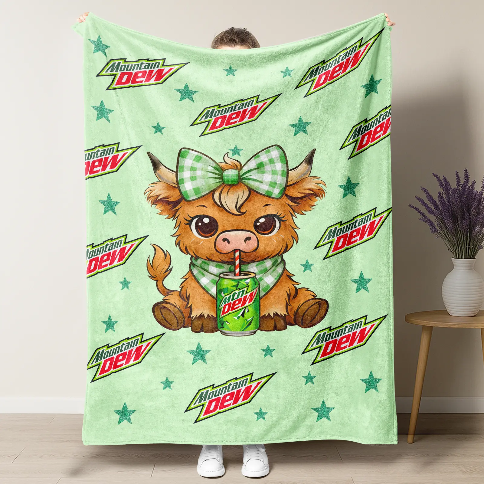 Mtn Dew Baja Blast Cute Highland Cow Checkered bow Pattern Blanket Auction Link