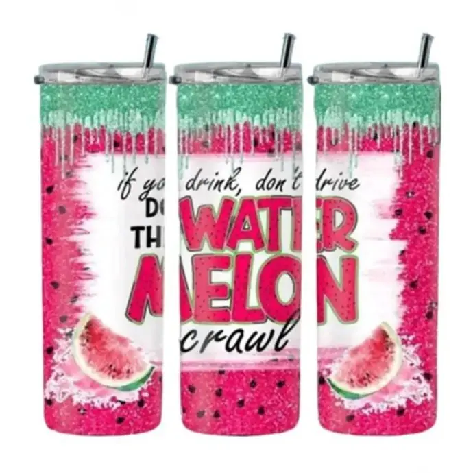 20oz Stainless Steel Watermelon Crawl Tumbler Set of 2, Portable Summer Kitchenware Drinkware, Insulated for Hot Cold Beverages, Washable Reusable Lid & Straw, High-Quality, Hand Wash Only (Do Not Microwave/Do Not Dishwash), Set Of Two