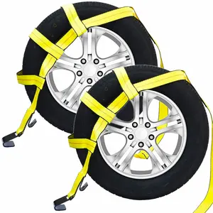 2Pcs Industrial Grade Polyester Car Tow Dolly Basket Straps with Flat Hook, Bright Yellow, for 14"-17" Tires, Truck & Car Accessories, Ideal for Vehicle Hauling & Restoration, Automotive Transport