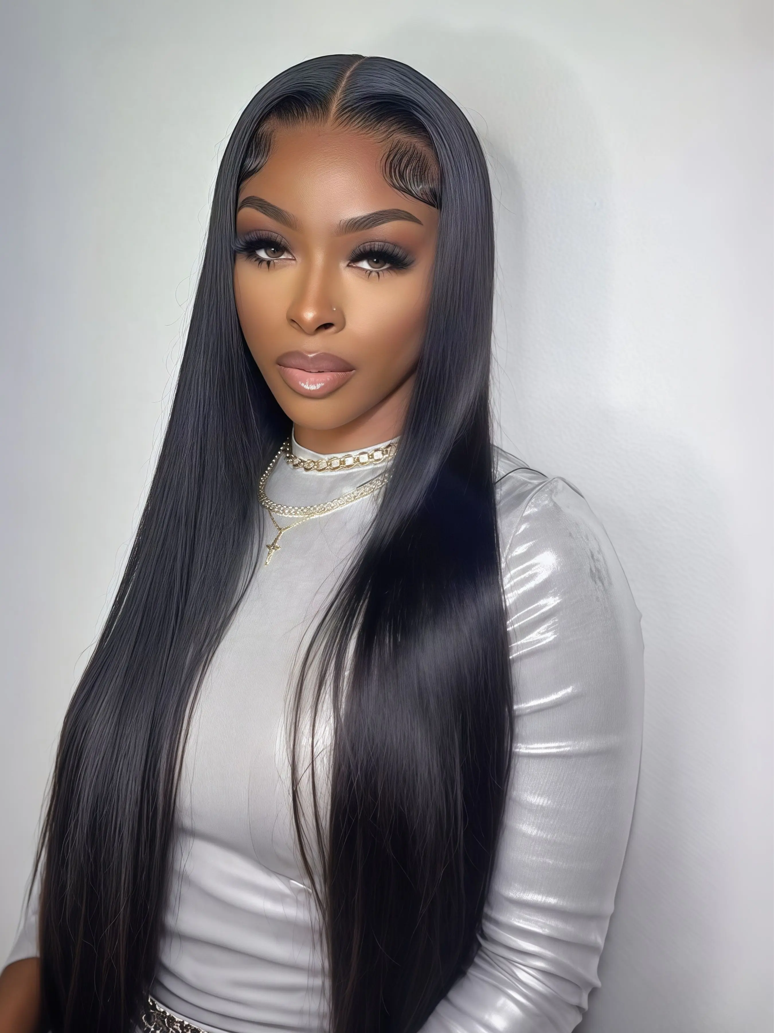 Black Long Straight 13×4 Lace Front Synthetic Wig, Lace Frontal Wig, Pre‑Plucked Natural Hairline, 180% High Density, 32 Inches, Heat Resistant Synthetic Fiber, for Daily Commute, Dating and Everyday Wear, Lace Straight Wigs