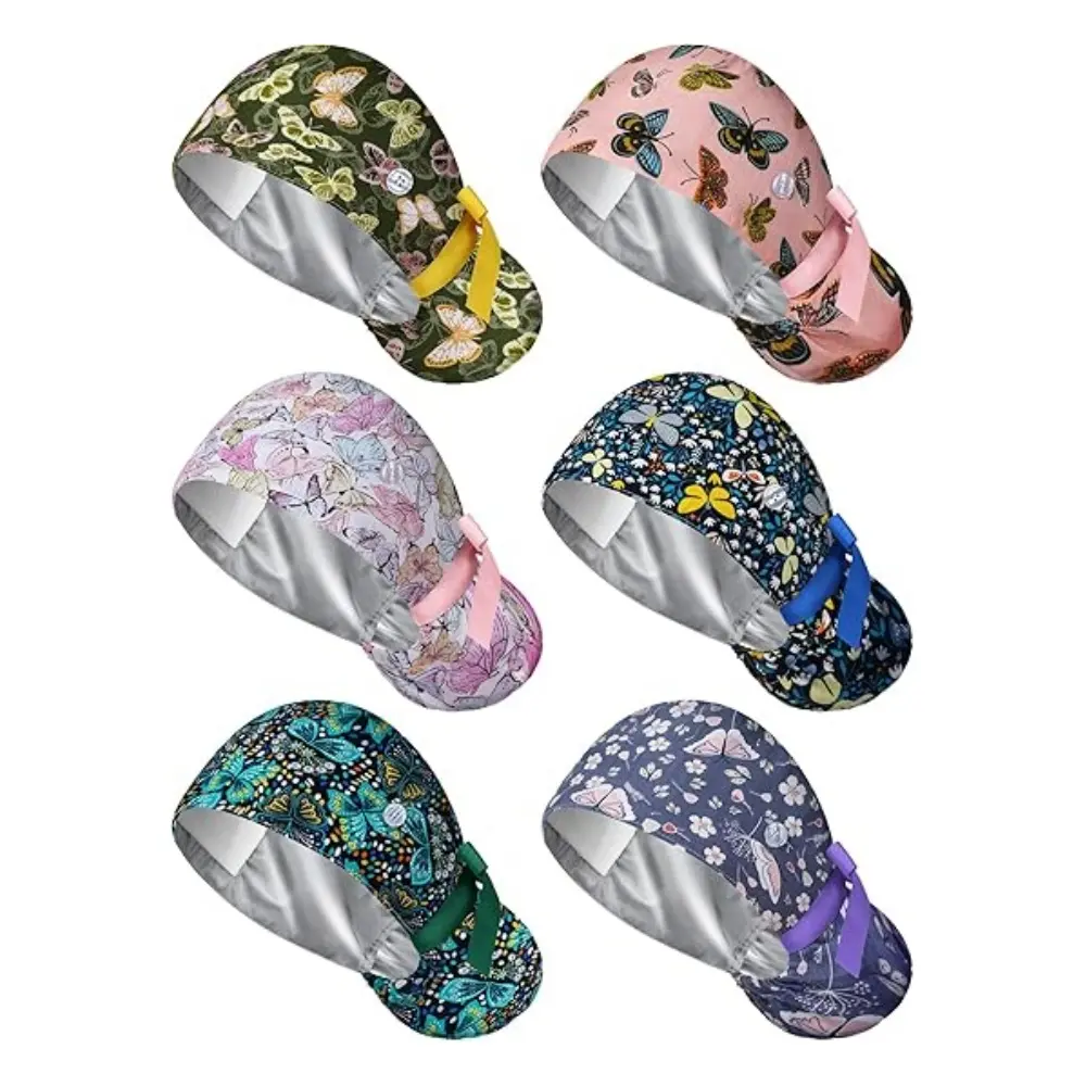 Women's Bouffant Scrub Caps, 6 Pack Satin Lined Cotton Surgical Hats with Ponytail Holder and Buttons for Mask, Lightweight & Adjustable