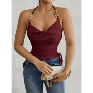 Tie Back Knitted Halter Tops Metal Strap Ruched Crochet Y2k Cami Tops Sleeveless Summer Going Out Tops