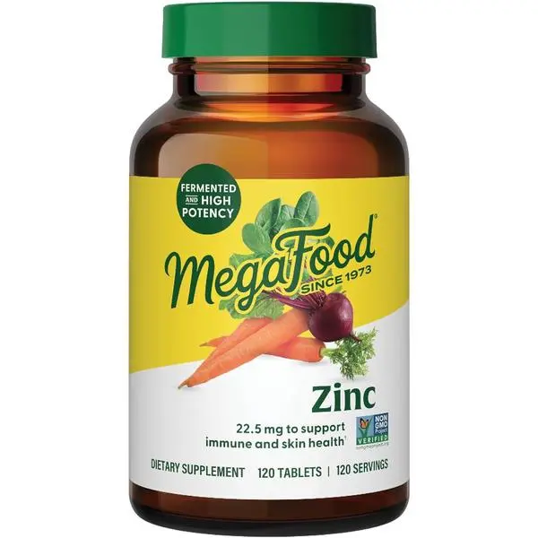 MegaFood Zinc Supplements for Women & Men - Vegan Immune Support Supplement with 22.5 mg High Potency Fermented Zinc Tablets - Made with Real Food - 120 Tablets, 120 Servings