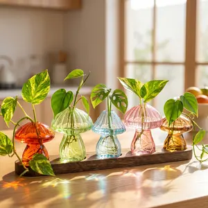 3/5-Piece Hand Blown Colored Mushroom Glass Propagation Station with Wooden Stand, Aesthetic Hydroponic Plant Bud Vase Set for Cuttings, Unique Room Decor & Gift for Plant Lovers