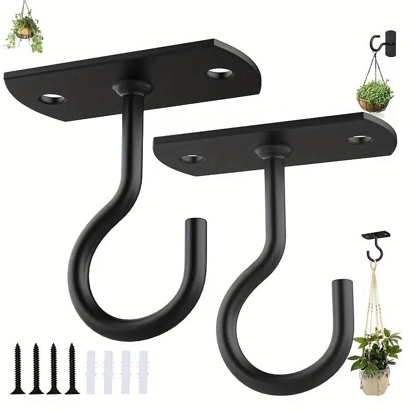 Easy Install 2pcs Black Wall Mount Hangers - Ceiling Hooks for Plants, Bird Feeders & Decor, Lights, Lanterns & Wind Chimes, Hanging Plant Hanger, Wall Plant Holder, Garden Accessories