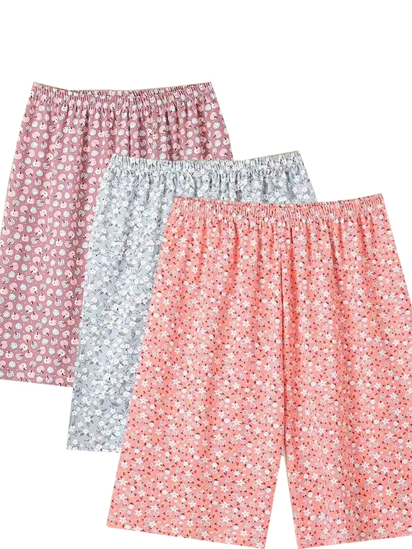 3-Pack Plus Size Women's Printed Short Pajama Sleepwear, Summer Wearable Casual Loose Five-Quarter Loungewear Sleep Pants, Large Size Shorts, Pjs