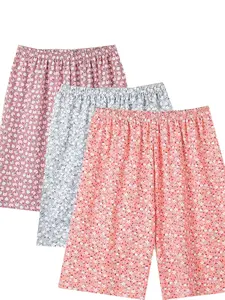 3-Pack Plus Size Women's Printed Short Sleepwear, Summer Wearable Casual Loose Five-Quarter Loungewear Sleep Pants, Large Size Shorts