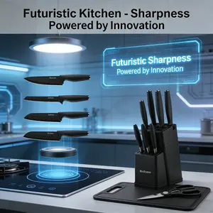 15-piece kitchen knife set (including knife holder and sharpener) | High-quality razor-sharp knives, easy to sharpen, including scissors and 6 serrated steak knives - black, dishwasher safe