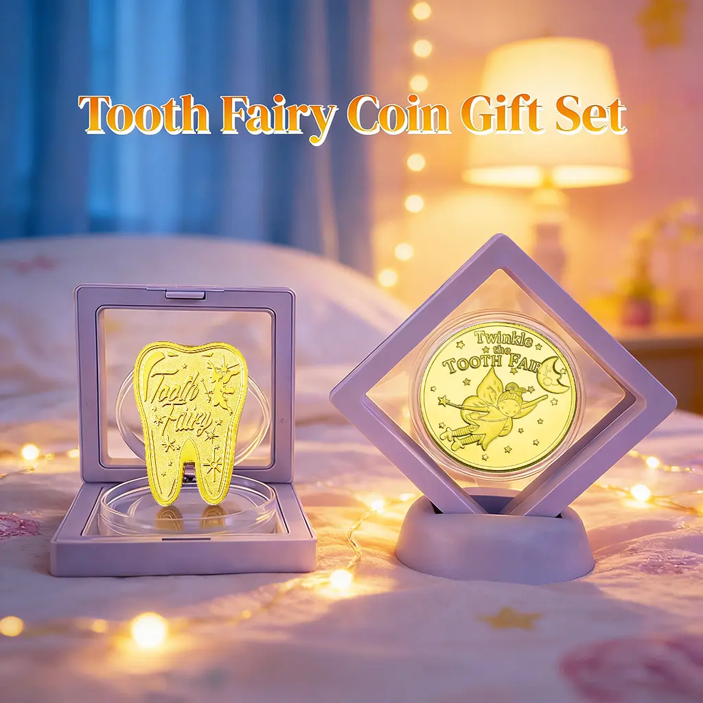 Magical Gold Tooth Fairy Keepsake Coins Single Set - Magic Theme Double-Side Mystery Box, Display Stand, Tooth-Shaped or Unicorn-Style Souvenir, Childhood Gift (Home & Festive Party Supplies)