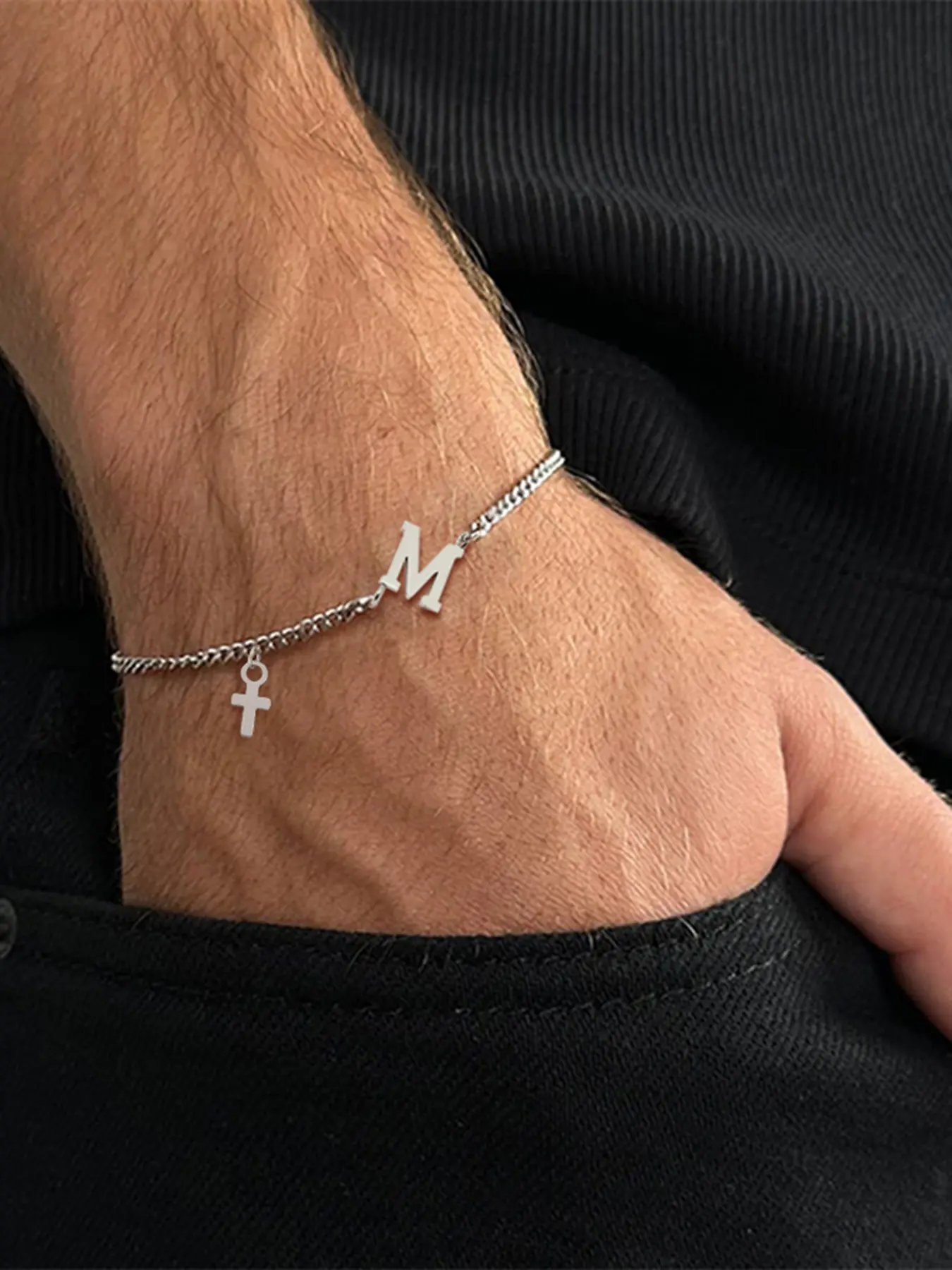Men's Cross Initial Pendant Bracelet, Fashion Silver Color Stainless Steel Chain, Stylish Men's Jewelry Accessory, Initial Charm Bracelets, Charms Pendant Bracelet