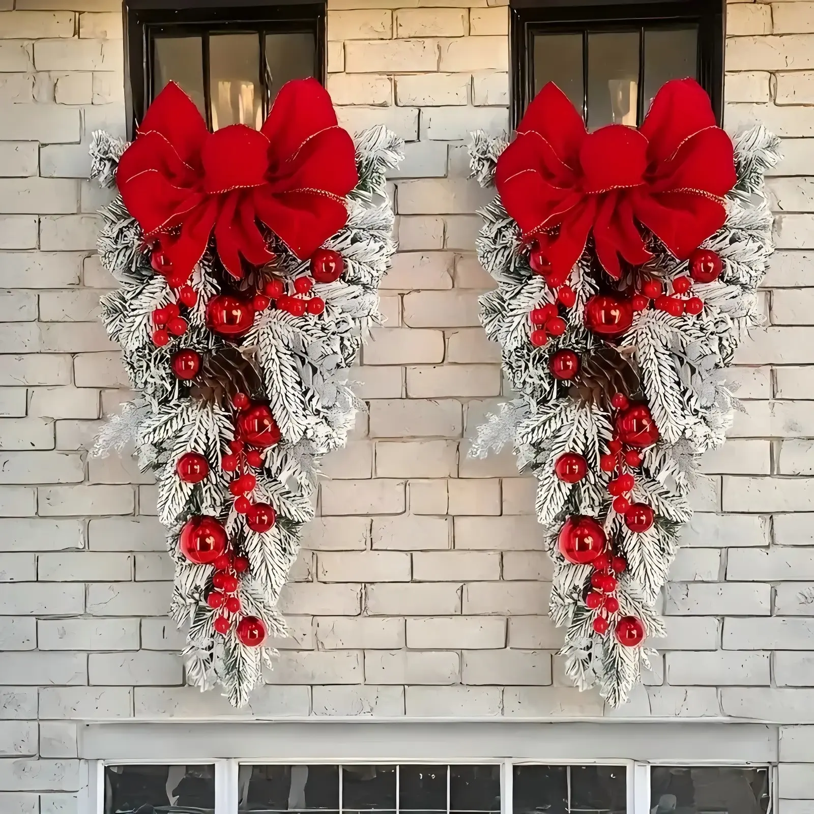 2pcs, 【Christmas Flocked Hanging Garland】,45cm/17.72inch Holiday Party Decoration Red Bow Hanging Tree Garland, PVC Plastic Christmas Home Decoration Party Decoration, Wall Window Front Door Decoration, No Power Required