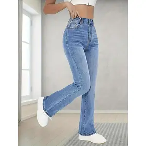 High Elasticity Washed Straight Jeans, Slant Pocket High Waist Jeans - Women's Jeans and Clothing - Stretchy Comfortable Denim Fabric - Perfect Casual Fashion Look - Ideal Fashion Gift for Women