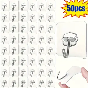 50-Pack Pridola Transparent Adhesive Hooks, Wall-Mounted, Strong Sticky, No-Drill, Removable, Clear Hooks for Bathroom, Kitchen, Hanging Utensils and Clothes, Utility Hooks