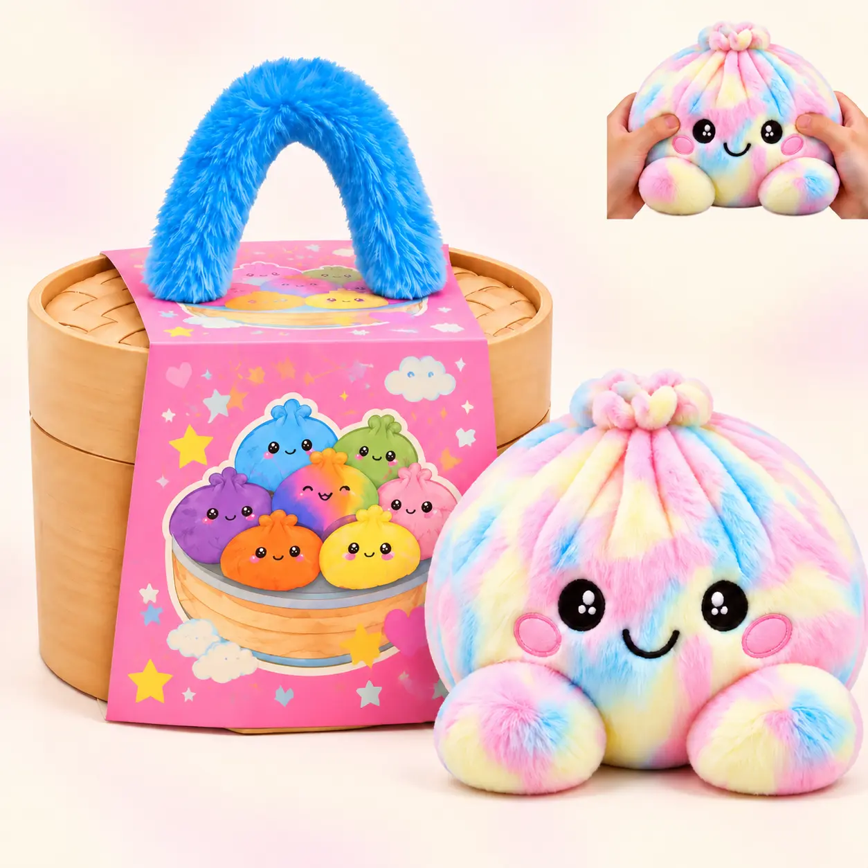 Cute Plush Dumpling Squishies with Bamboo-Style Steamer Basket, Large Rainbow Dumpling Plush, Home Decor Accent & Christmas Gift