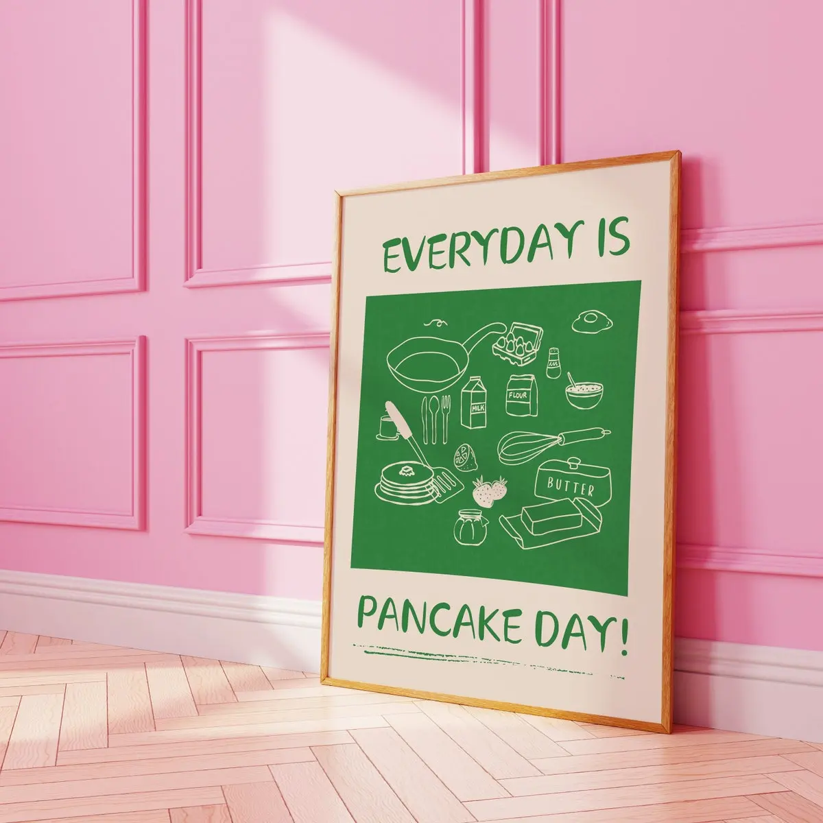 Pancake Lover Kitchen Wall Art, Butter Strawberries Prints, Foodie Drawing Decor, Green Food Print, Modern Minimalist Art, Unframed