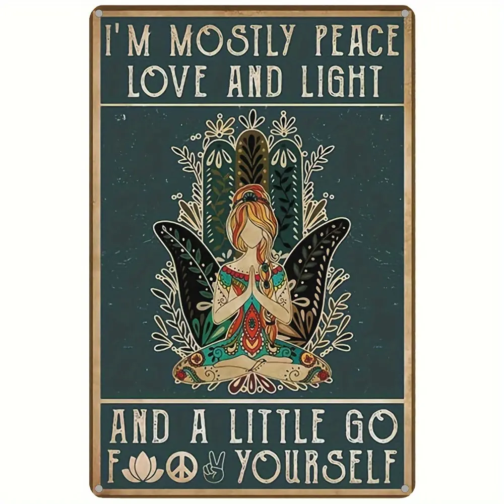 Vintage Metal Painting Card Decor Hippie Yoga Lady I'm Mostly Peace Love Light Poster Wall Home Room Bar Cafe Ornaments Artistic Cast Aluminium Durable Water-resistant,etro Boho Hippie Lotus Wall Art for Yoga Studio Bedroom Gym