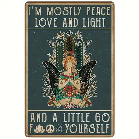 Vintage Aluminium Hippie Yoga Lady Wall Plaque - "I'm Mostly Peace Love Light" Art Decoration, 11.81x7.87in Whimsical Home Decor, Durable Water-proof Lightweight Aluminium Feels Solid Yet Light Sign for Home Bar