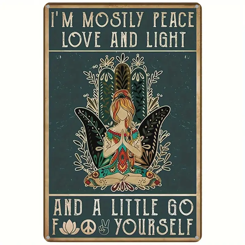 Vintage Aluminium Hippie Yoga Lady Wall Plaque - "I'm Mostly Peace Love Light" Art Decoration, 11.81x7.87in Whimsical Home Decor, Durable Water-proof Lightweight Aluminium Feels Solid Yet Light Sign for Home Bar