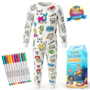 Craftikit Kids' Bamboo Coloring Pajama Set - Bamboo Pajamas Toddler, Toddler Pjs, Cartoon, Colorful Sleepwear with 10 Markers for DIY Activity Gift (Ages 3-10)