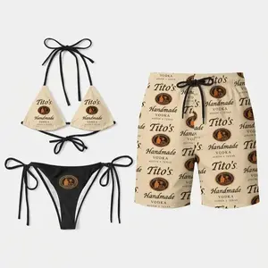 Matching Couple Swimsuit Tito's Vodka Print – Women’s 2-Piece Tie-Side Bikini & Men’s Drawstring Shorts – Trendy Spirit-Inspired Summer Beachwear for Couples