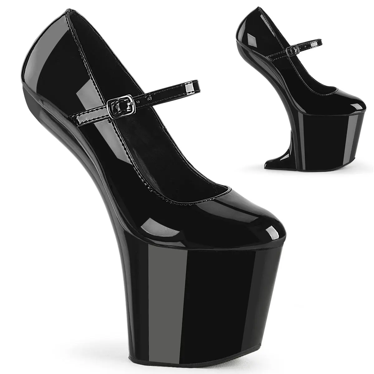 Women's Platform Pumps, Elegant Black Patent Mary Janes with an 8-Inch Heelless Design and Convertible Wedge Attachments, Stylish, Classy, Fashion Apparel, Oxford, 8 In, Statement Shoes, Synthetic, Photo Shoots, Adjustable Strap, Display Looks, Glossy Sta