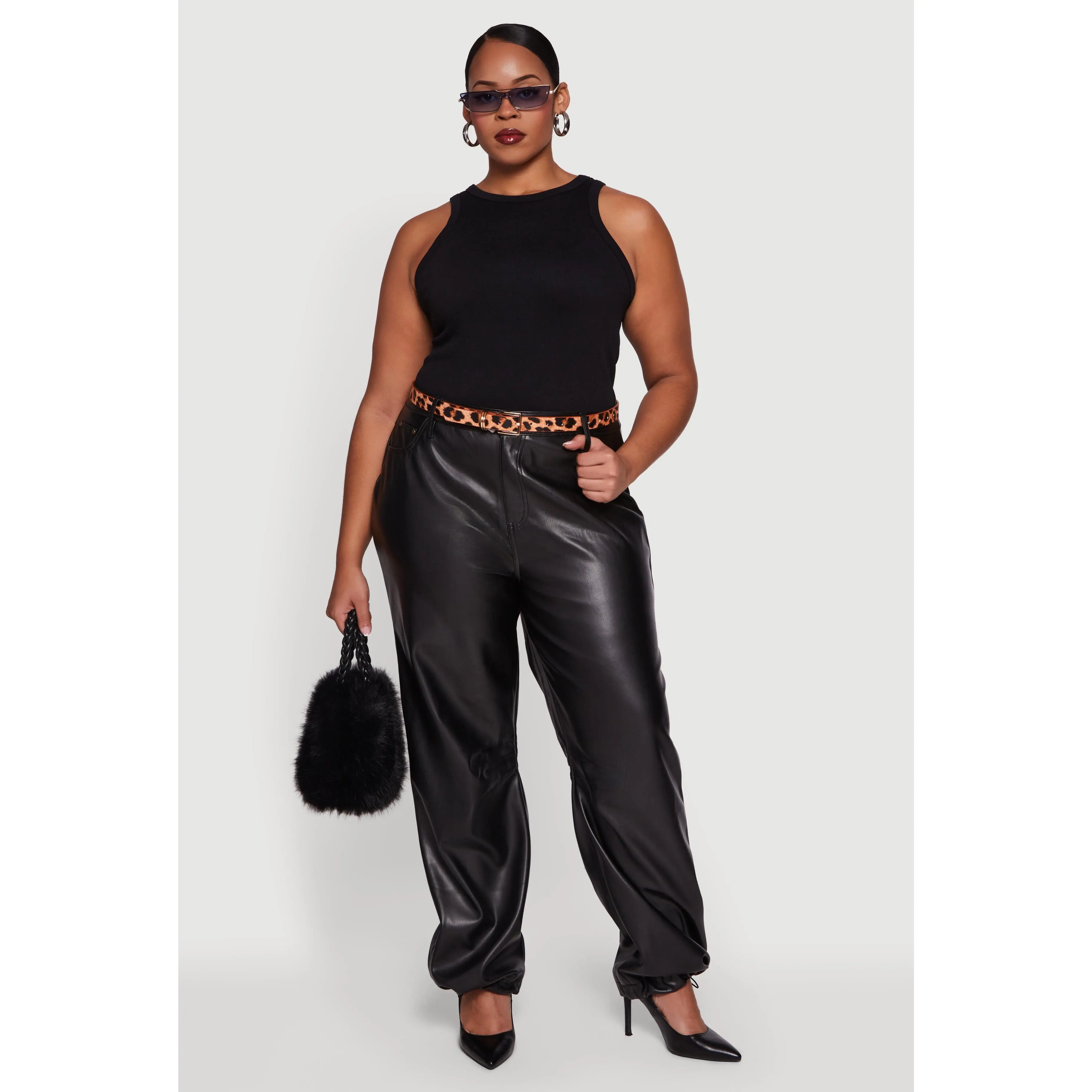Plus Size Fleece Lined High Waisted Faux Leather Joggers