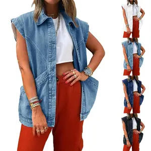 FMEYOA XS~XXL Oversized Women Sleeveless Denim Vest Classic Button Down Jean Vest Casual Utility Lapel Jean Jacket