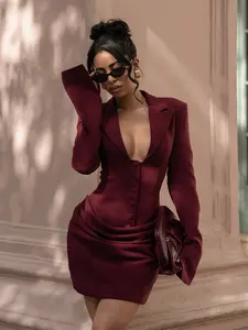 Women's Fashion Elegant Formal Deep V Neck Buttoned Suit Dress, Trendy Ruched Waist Design, Perfect for Spring Banquets and Holiday Parties