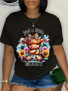 Unisex Just A Little Moody Cute Highland Cow & Sunflowers Graphic Tee, 100% Cotton Casual Attitude T-Shirt