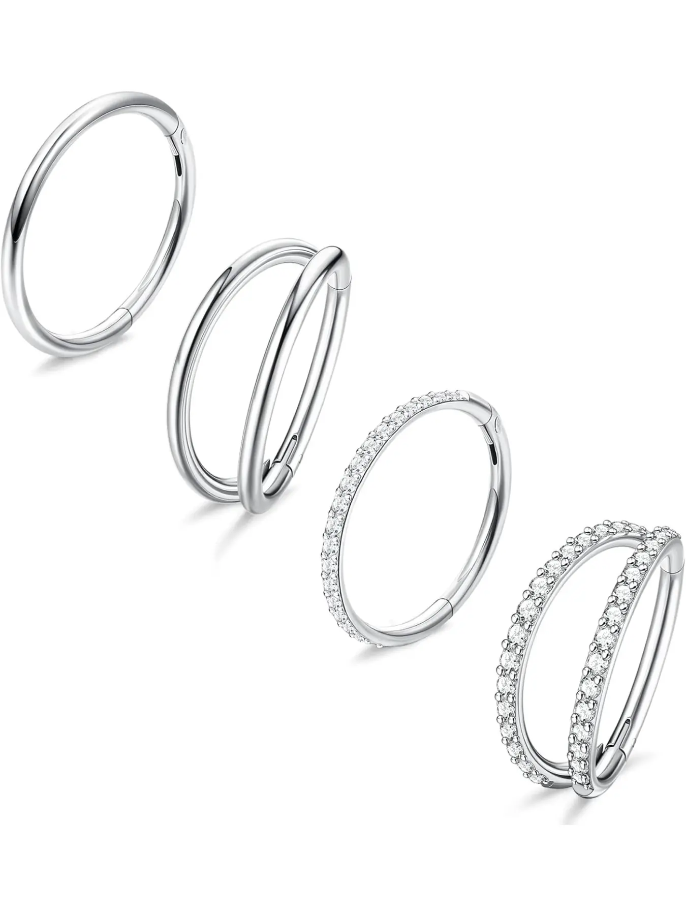 4PCS 18G Nose Rings Hoops, Surgical Steel Earrings Tragus Septum Piercing CZ Clicker Ring, Hinged Segment Conch Lip Cartilage Double Hoops 8mm 10mm For Women Men Nose Ring Jewelry