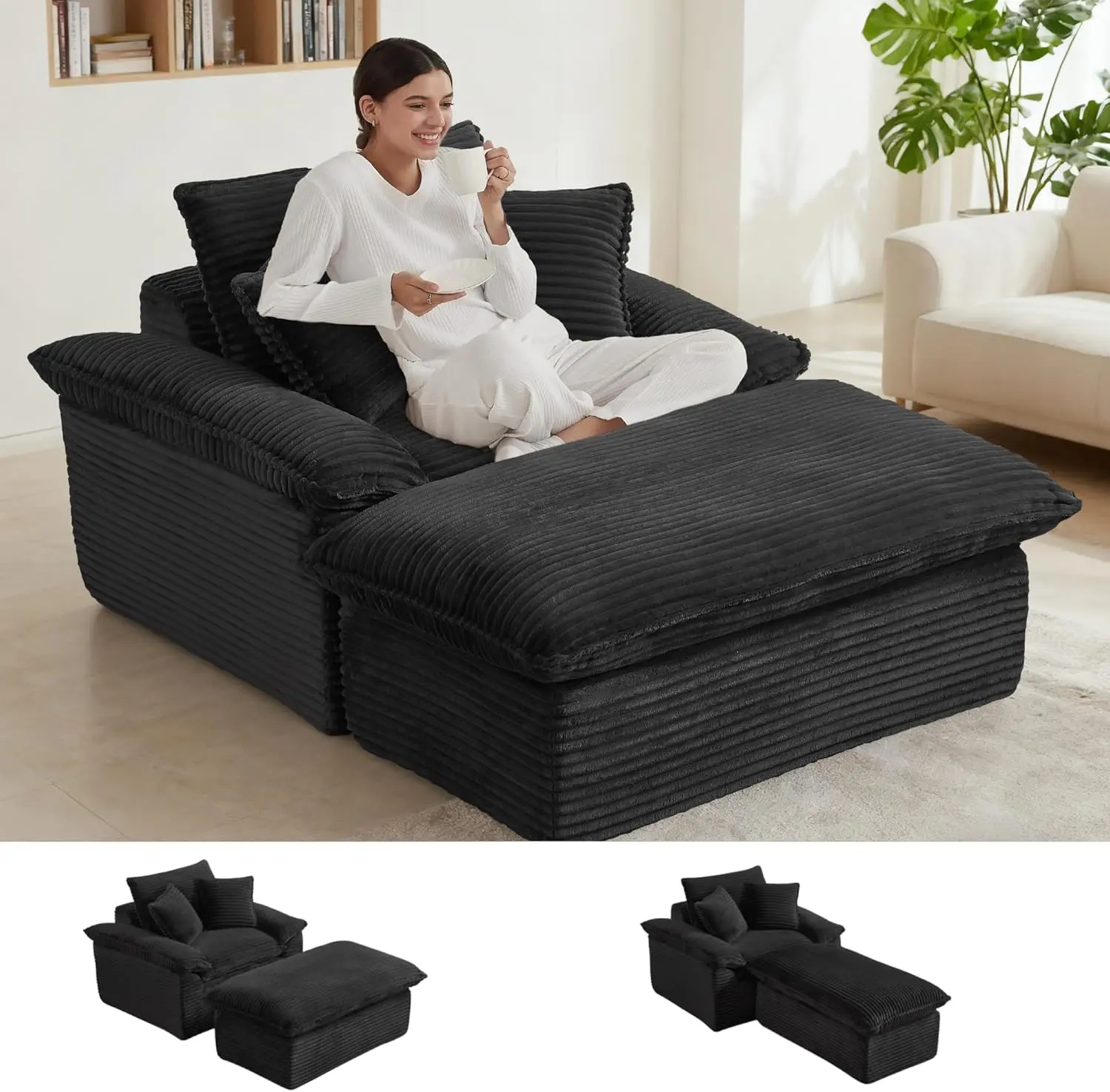 【New Year Special Discount】 Niccae 71" Boneless Chair Chaise Lounge: Oversized Comfy Corduroy Upholstered Indoor Couch with Armrets and 3 Pillows for Living Room Bedroom and Apartment, Deep Seat Sleeper Sofa