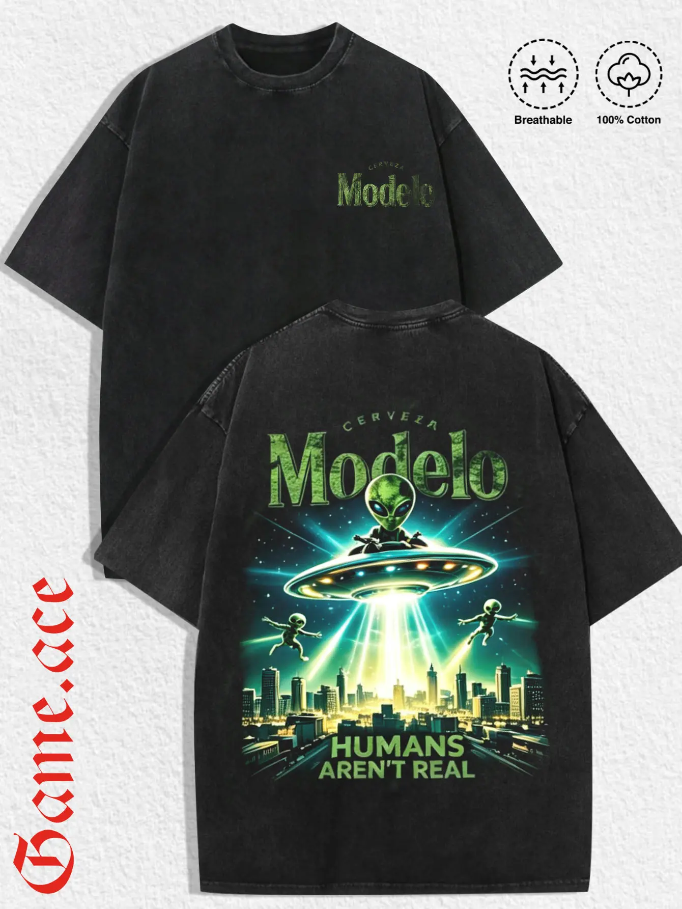 1 PCS "Modelo Humans Aren't Real" Alien UFO City Graphic Print, Retro Sci-Fi Beer Streetwear, 100% Cotton Breathable Unisex T-Shirt, Ideal for Daily Wear & Quirky Alien Fans