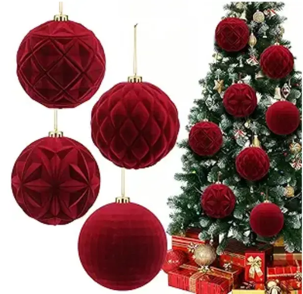 Large Round Flocked Velvet Christmas Ball Ornaments, Shatterproof Hanging Bulbs for Home Tree, Party Christmas Decorations, Decoration