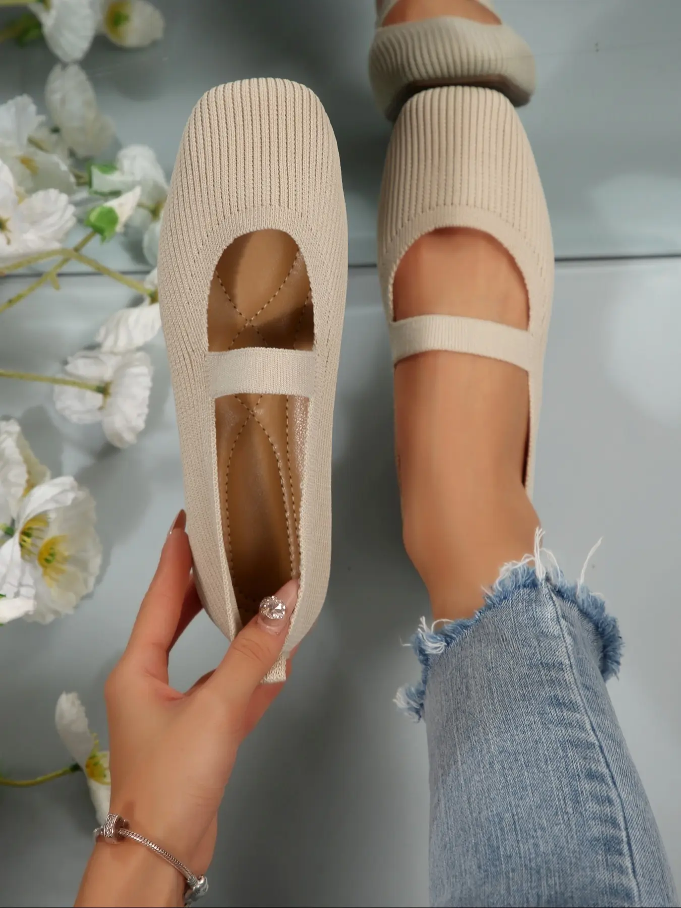 Women's Fall New Vintage Square Toe Mary Jane Slip-on Shoes, Soft Sole Ballet Flats, One Strap Flat Work Shoes for Commuting, Commuter Shoes Work, Walking Shoes, Footwear, Ballet Pumps, Knit Flats, Breathable Flats