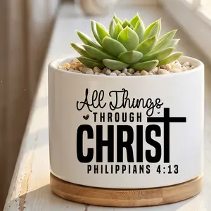 "All Things Through Christ" Philippians 4:13 Religious Ceramic Succulent Planter with Bamboo Tray - Aesthetic Faith White Mini Pot Cross Gift for Women & Men - Decorative Flower Pot for Office Desk, Home Shelf & Bedside Decor
