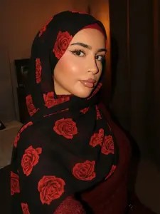 Boho Rose Print Long Jersey Hijab, Fitted Floral Design, Romantic Fashionable Silk Shawl Scarf for Women, All Seasons Travel Accessory, Turban Hijab, Head Scarf