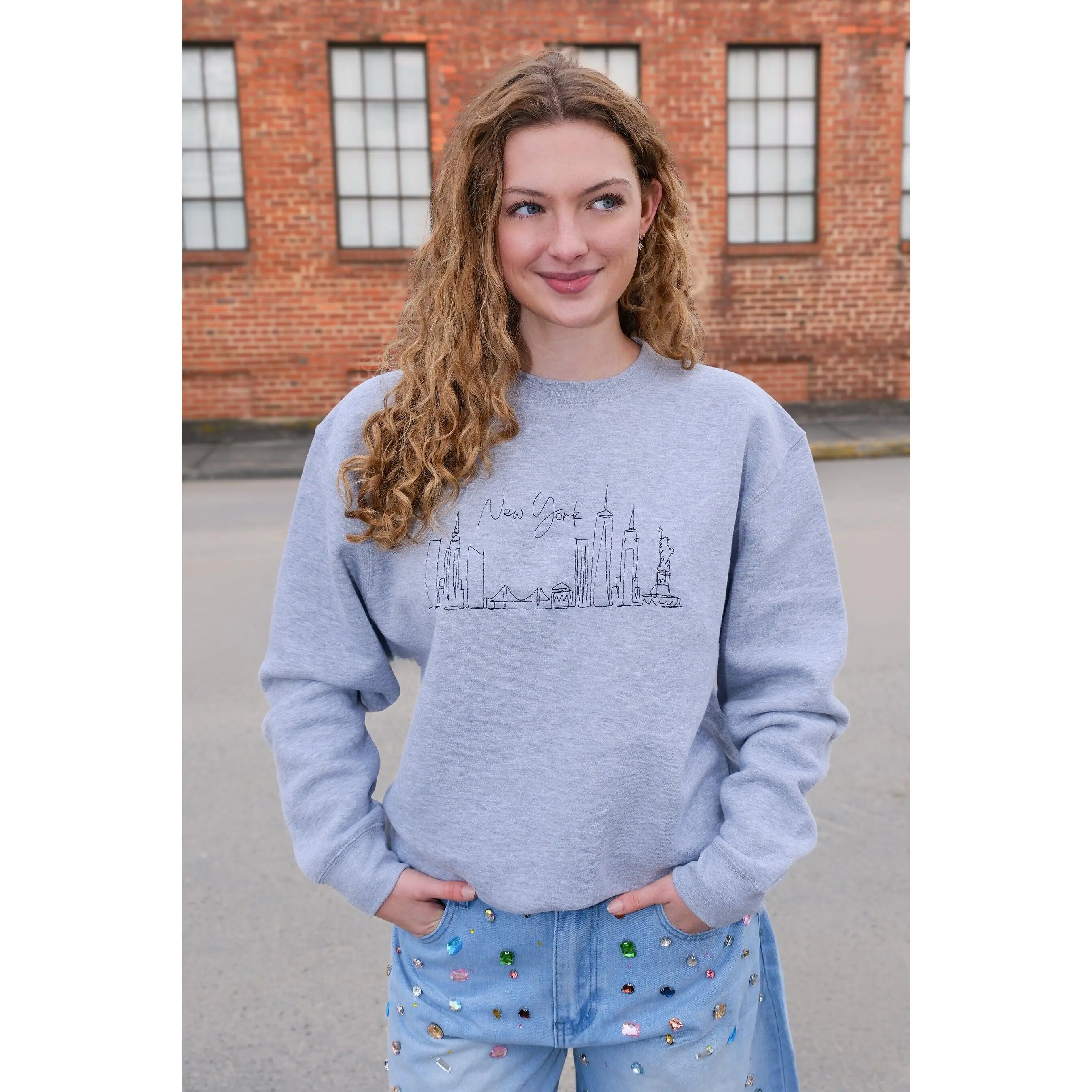 New York Skyline Grey Embroidered Sweatshirt