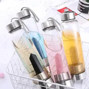 Natural Crystal Water Bottle Crystal Glasses Stainle Steel Cup Healing Obelisk Wand Elixir Quartz Wand Heals Energy Chakra