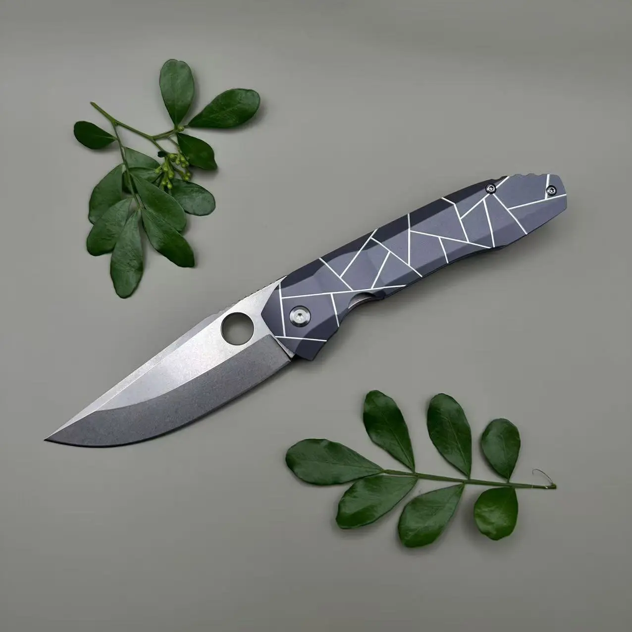 Drop Point Folding EDC Knife, Geometric Line  Aluminum Handle, Stylish Portable Pocket Utility Knife for Daily &  Cutting