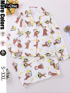 Women's Monkey Banana Print Pajama Set Pjs, Comfortable Fit Long Sleeve Button Shirt & Elastic Pants, Casual Everyday Home Wear Loungewear for All Seasons